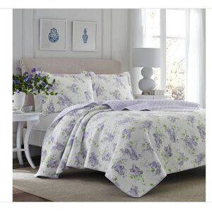 Laura Ashley Keighley 3-Piece Purple Solid Cotton Full/Queen Quilt Set